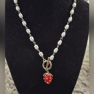 AVARA strawberry necklace With Faux Pearl Chain , NWT 18”